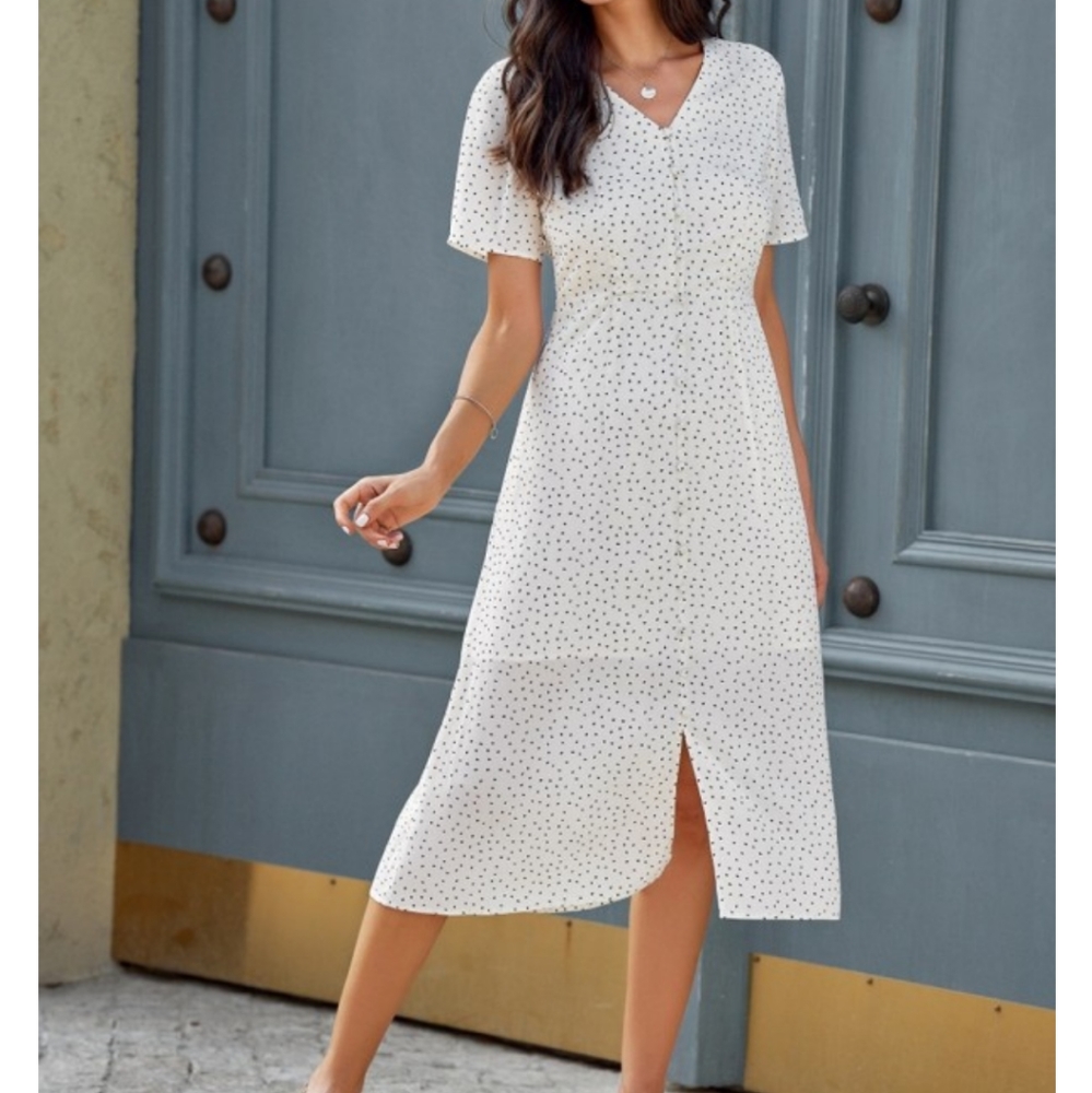 White shirt sleeve V neck dress